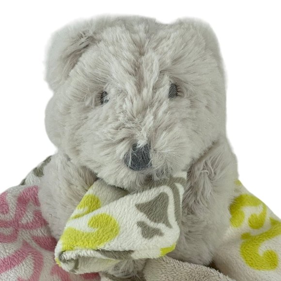 Blankets & Beyond Grey Teddy Bear Lovey Pink Green Pattern Pacifier Holder - Picture 3 of 7